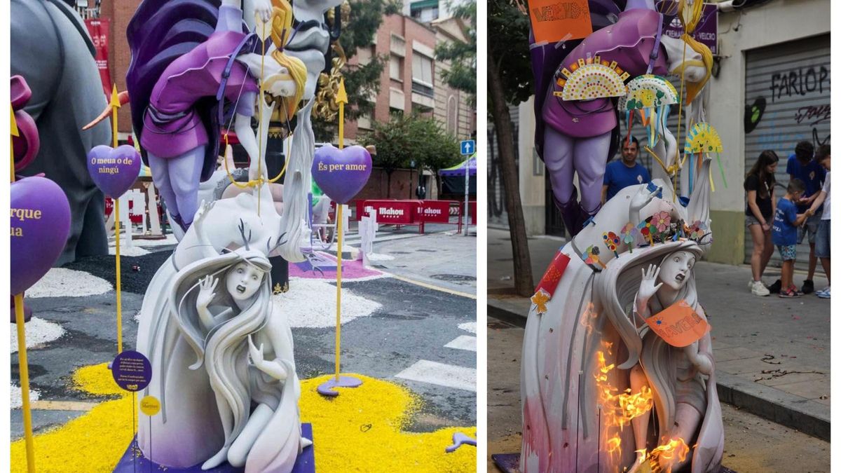 El ninot, en la falla de 2021 y el pasado fin de semana, cuatro años después, en la "cremà"