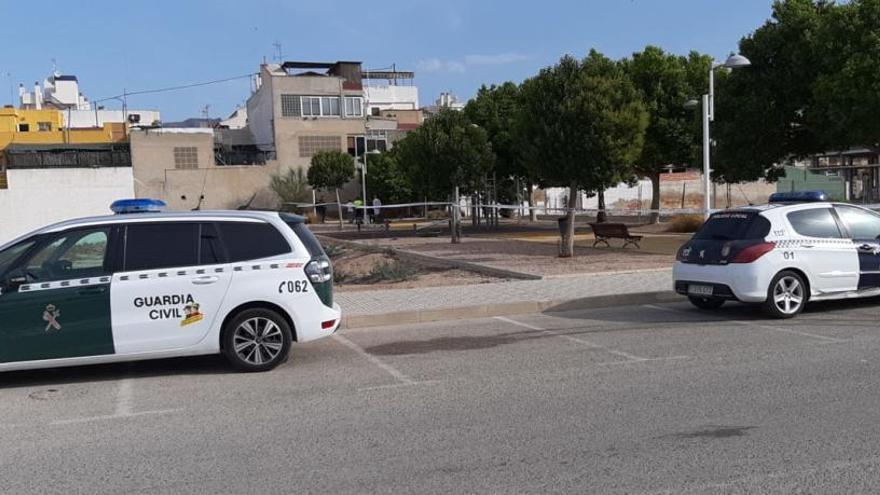 Vehículos policiales en el parque de Beniel, hoy.