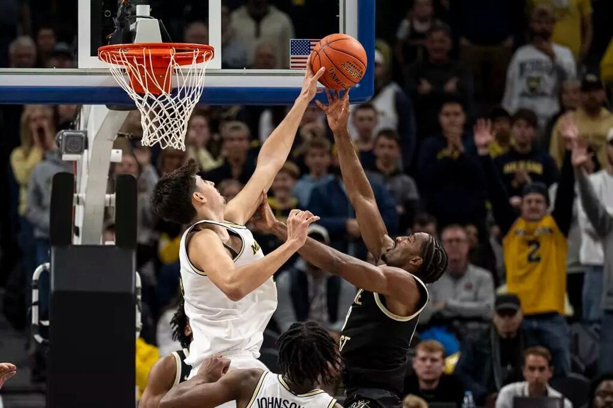 Aday Mara coloca un tapón durante un partido con la Universidad de Michigan.