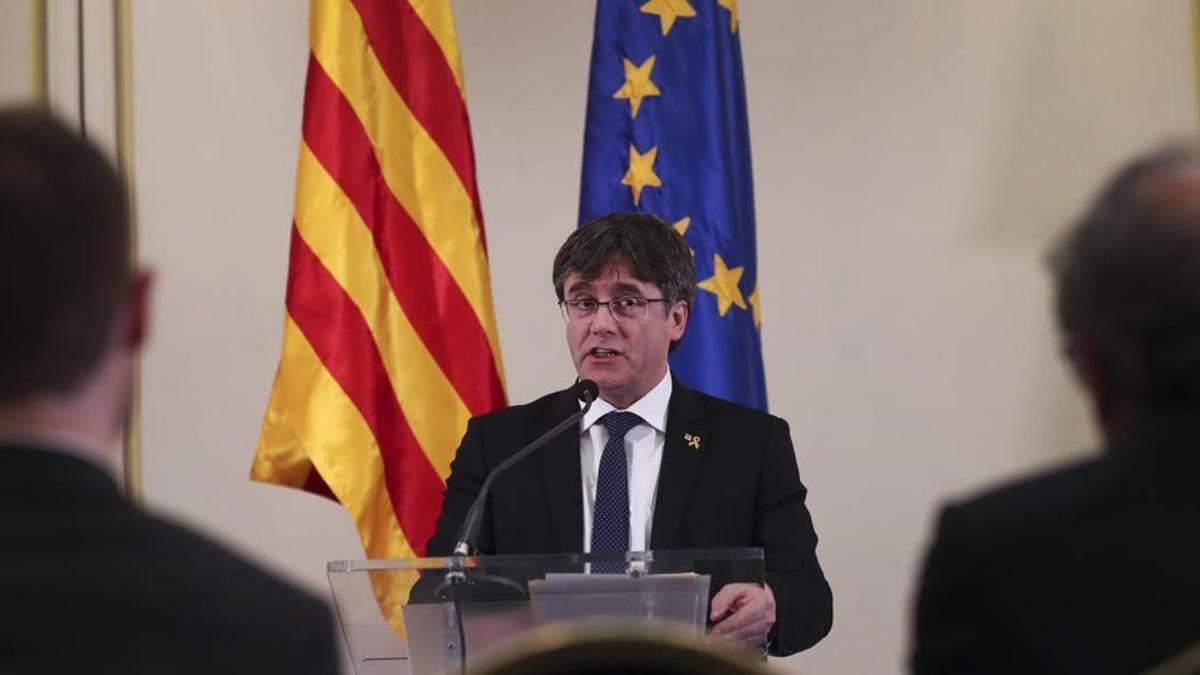 Puigdemont, el pasado 18 de febrero, en una conferencia en Bruselas.