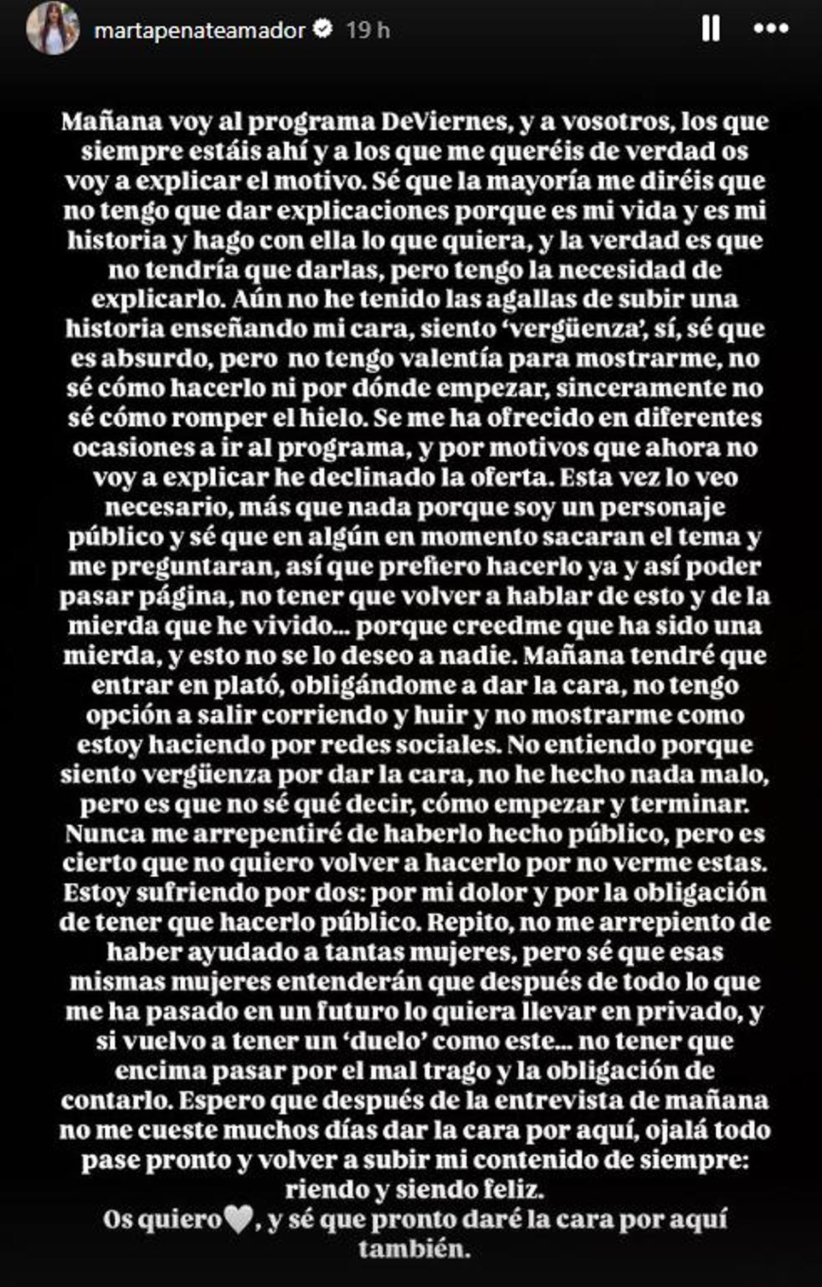 Comunicado de Marta Peñate en sus redes