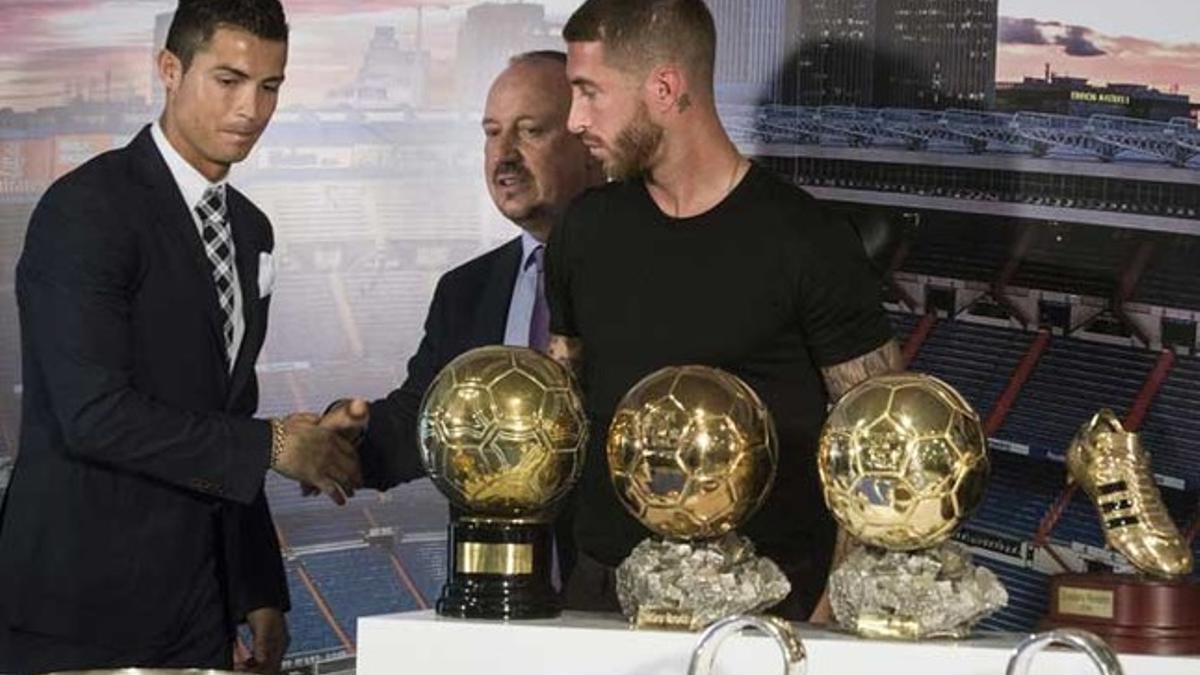 Cristiano Ronaldo, Rafa Benítez y Sergio Ramos en un acto del Real Madrid de homenaje al primero de ellos