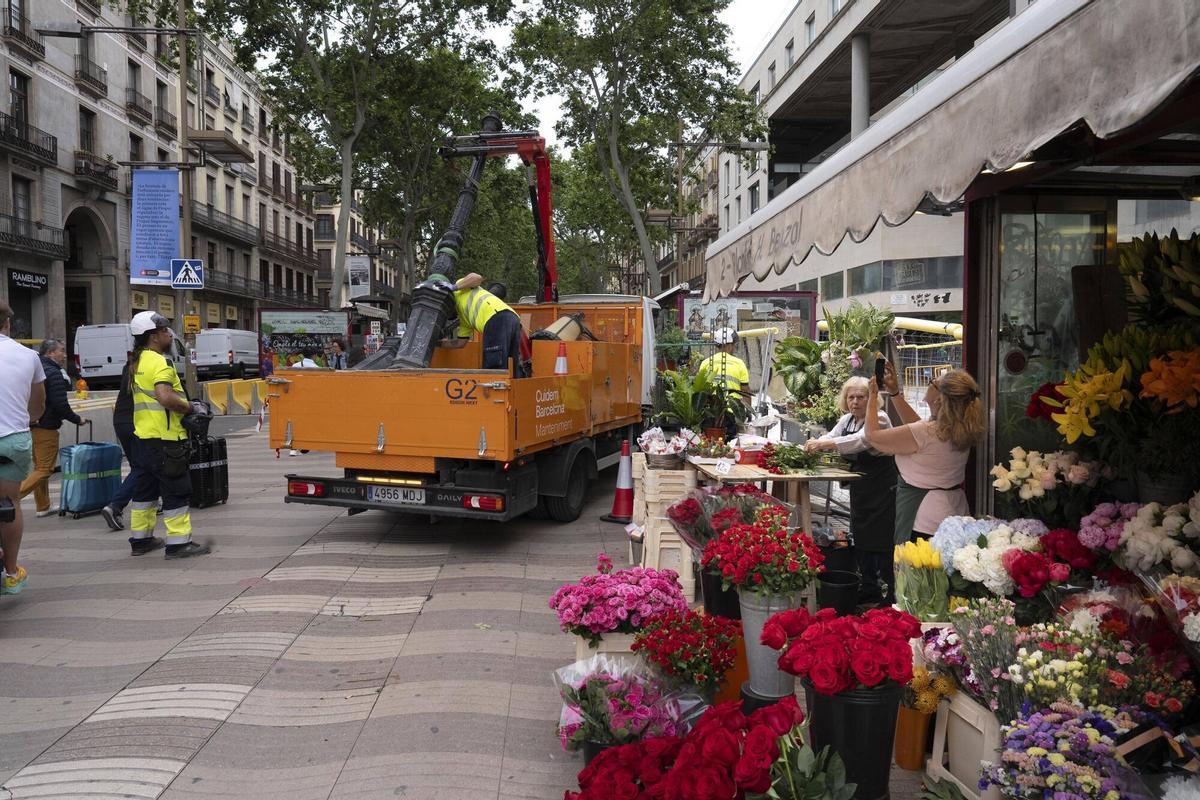 Barcelona 22/05/2025 Obras de la Rambla En la foto, obras y floristerías a la altura de la Boqueria Fotografía de Ferran Nadeu
