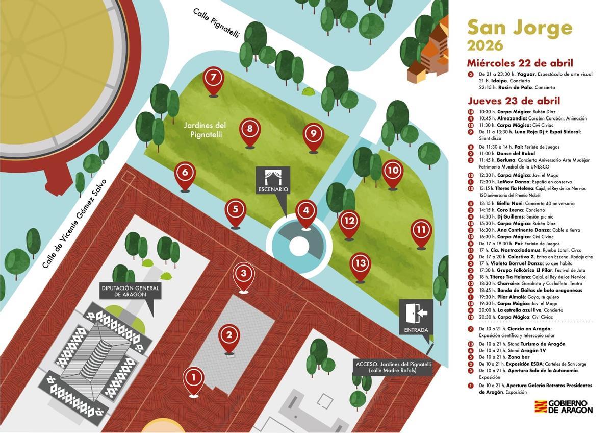 Mapa de puntos de interés y actividades en el Pignatelli para este sábado.