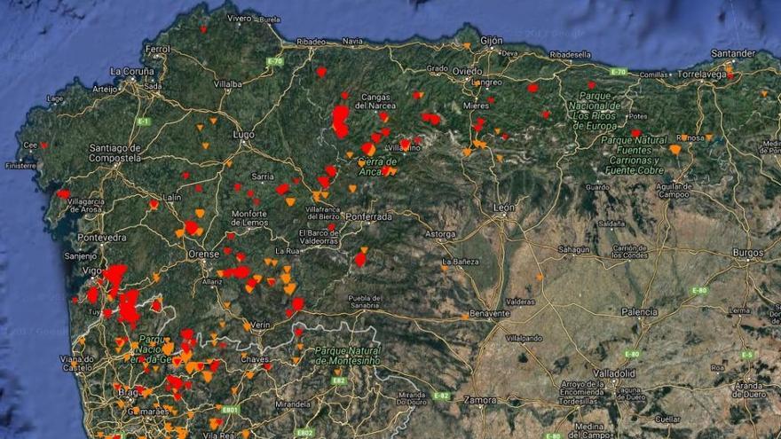 Mapa de los incendios en Galicia y Portugal