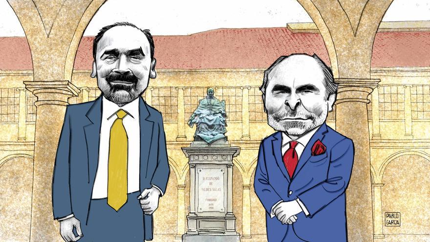 Los dos candidatos a Rector de la Universidad de Oviedo en una caricatura.