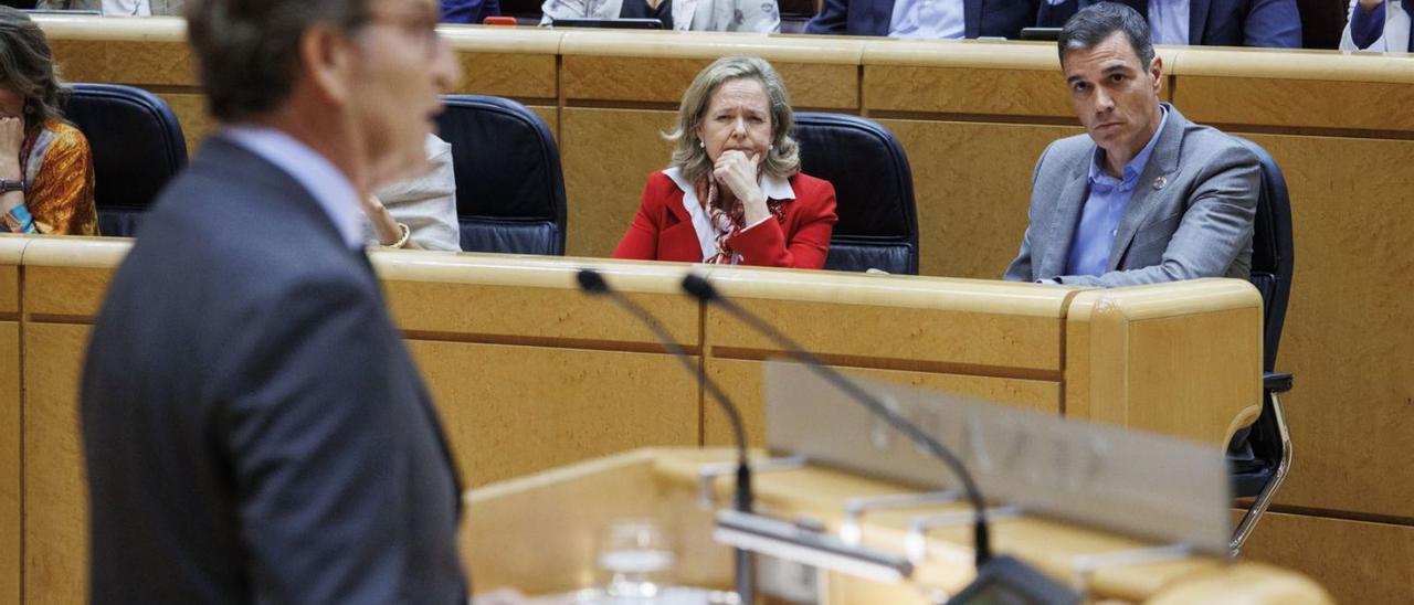 Sánchez escolta una intervenció de Feijóo al Senat el passat octubre. | EUROPA PRESS
