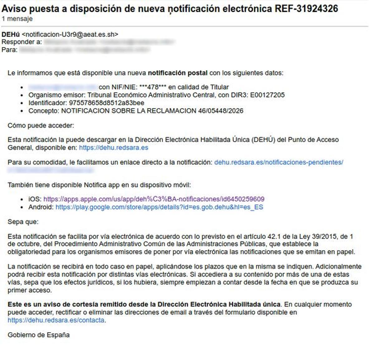Este es un ejemplo de un correo electrónico de la estafa