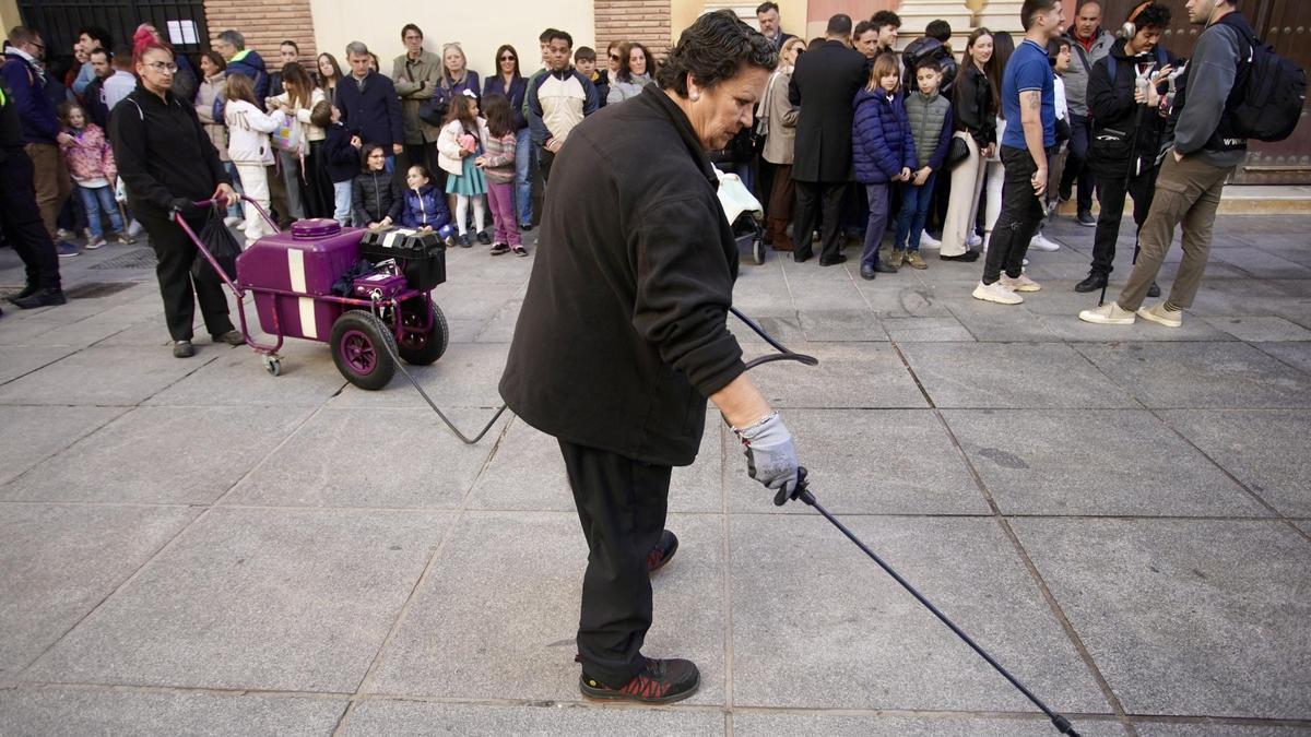 Una operaria aplica líquido anticera antes del paso de una procesión en Málaga.