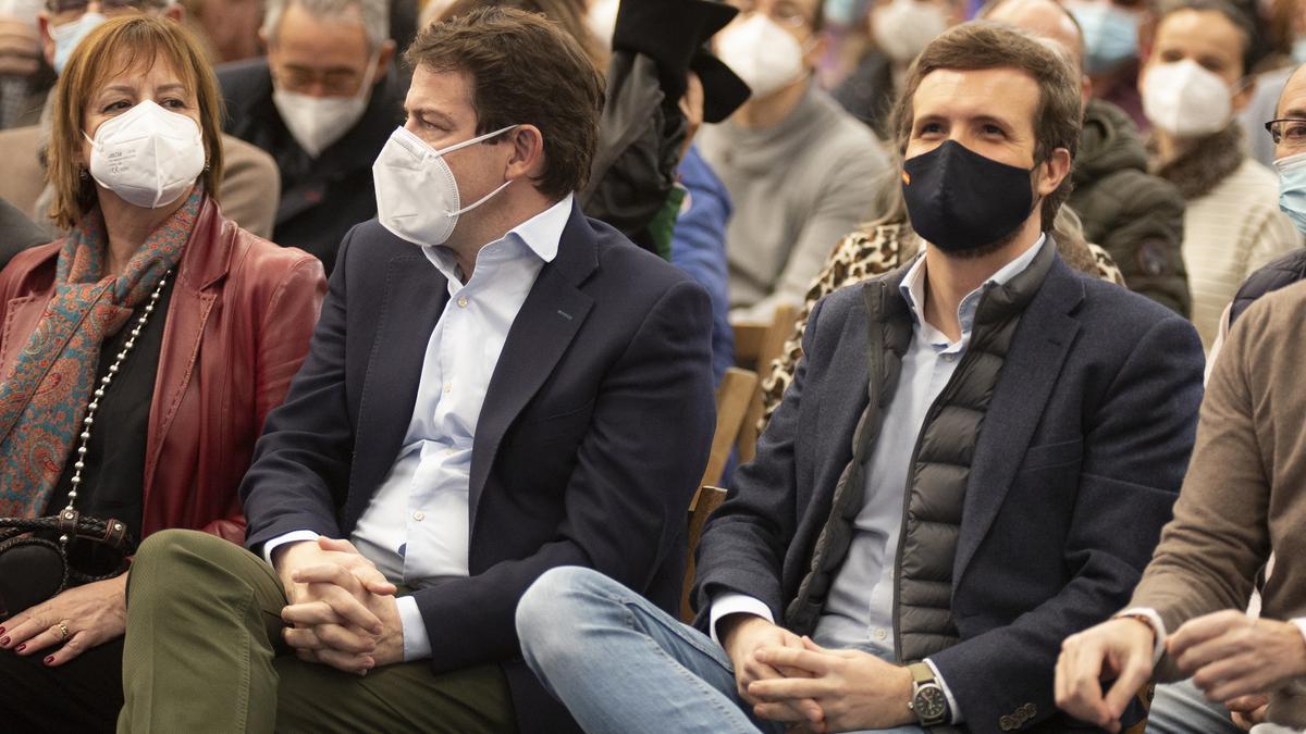 Palencia, domingo 6 de febrero de 2022. Acto público del PP con motivo de las elecciones autonómicas de Castilla y León, con la presencia de Pablo Casado, presidente del PP y Alfonso Fernández Mañueco, candidato a la presidencia de la Junta.