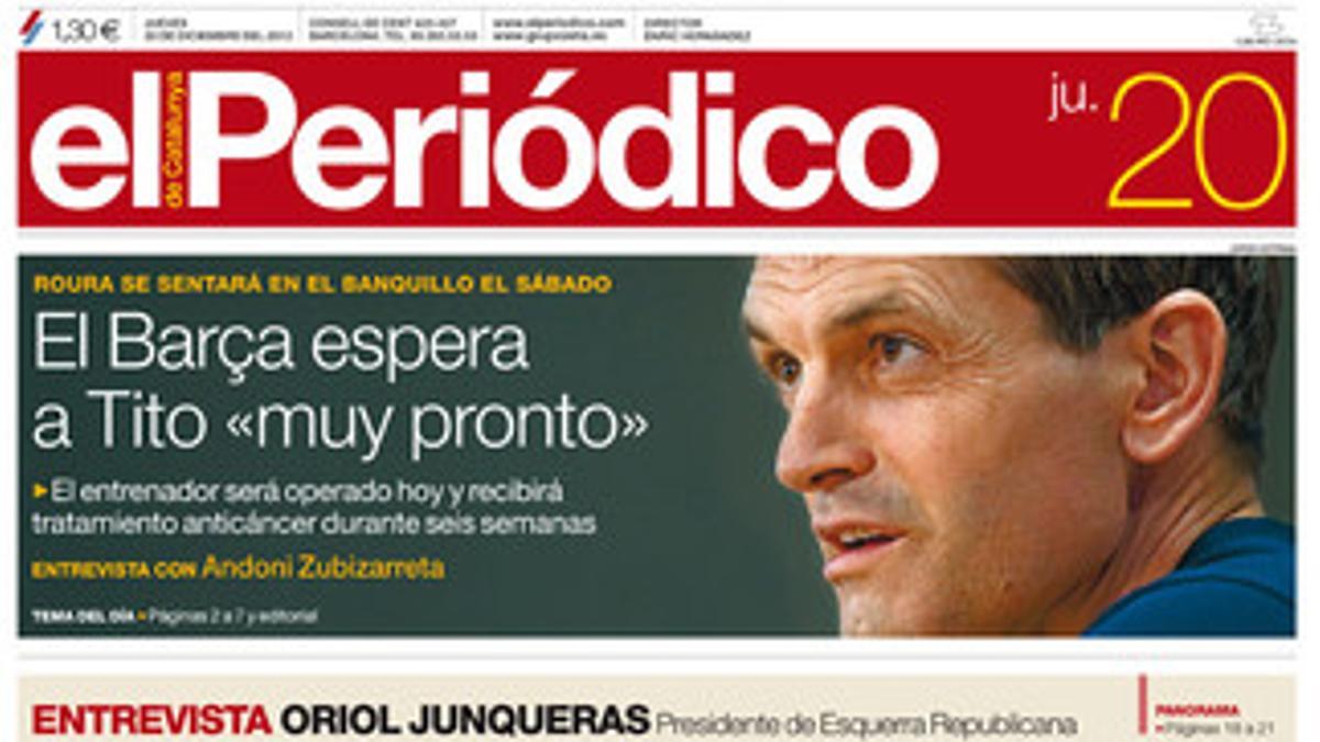 La portada de EL PERIÓDICO (20-12-2012).