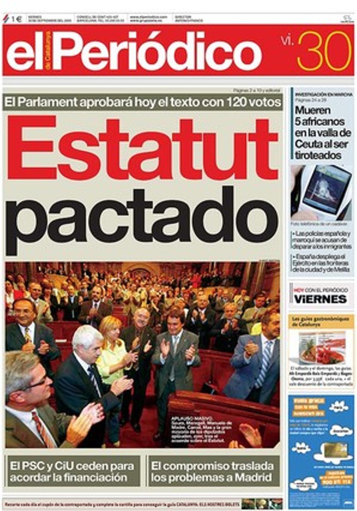 30 setembre del 2005. El Parlament aprova el text amb 120 vots a favor. 30 setembre del 2005. El Parlament aprova el text amb 120 vots a favor.