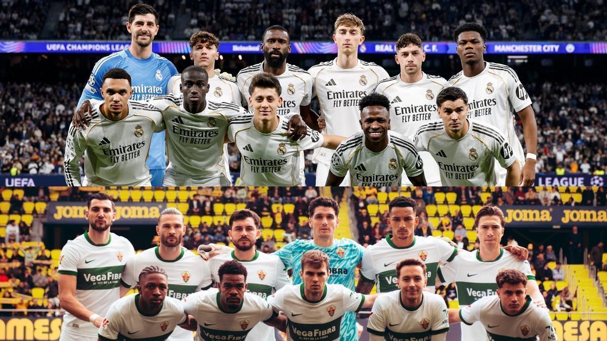 Arriba, el último once del Real Madrid y, debajo, el último once del Elche.
