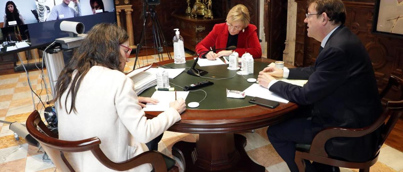 Oltra, Barceló y Puig, en la videoconferencia, ayer, con los síndics de los grupos parlamentarios.