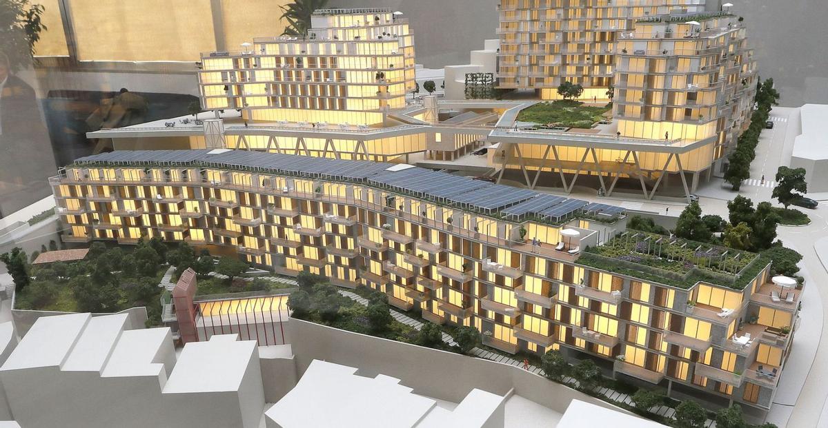 Arriba, maqueta del Barrio do Cura con el edificio Ardora en primer término. Abajo, estado actual de los terrenos.  | // JOSÉ LORES