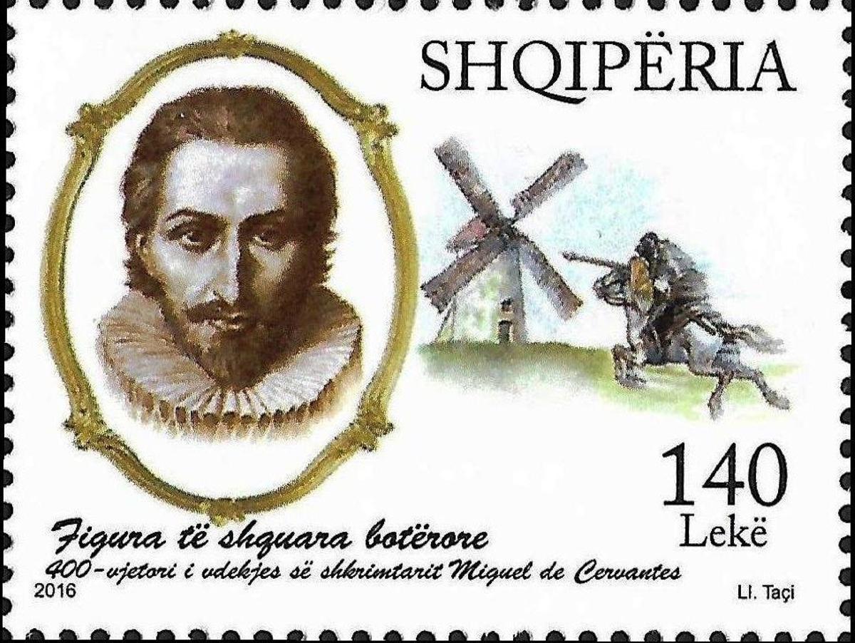 Sello albanés conmemorativo del 400 aniversario de la muerte de Miguel de Cervantes.