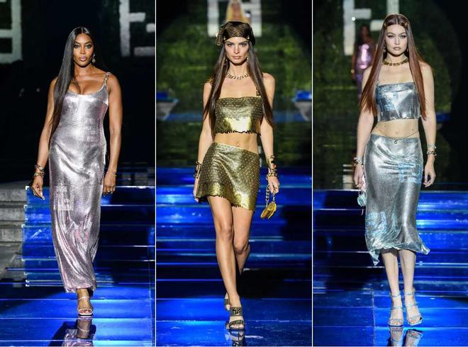 Los 'total looks' metalizados de Naomi Campbell, Emily Ratajkowski y Gigi Hadid en el desfile de Fendi by Versace