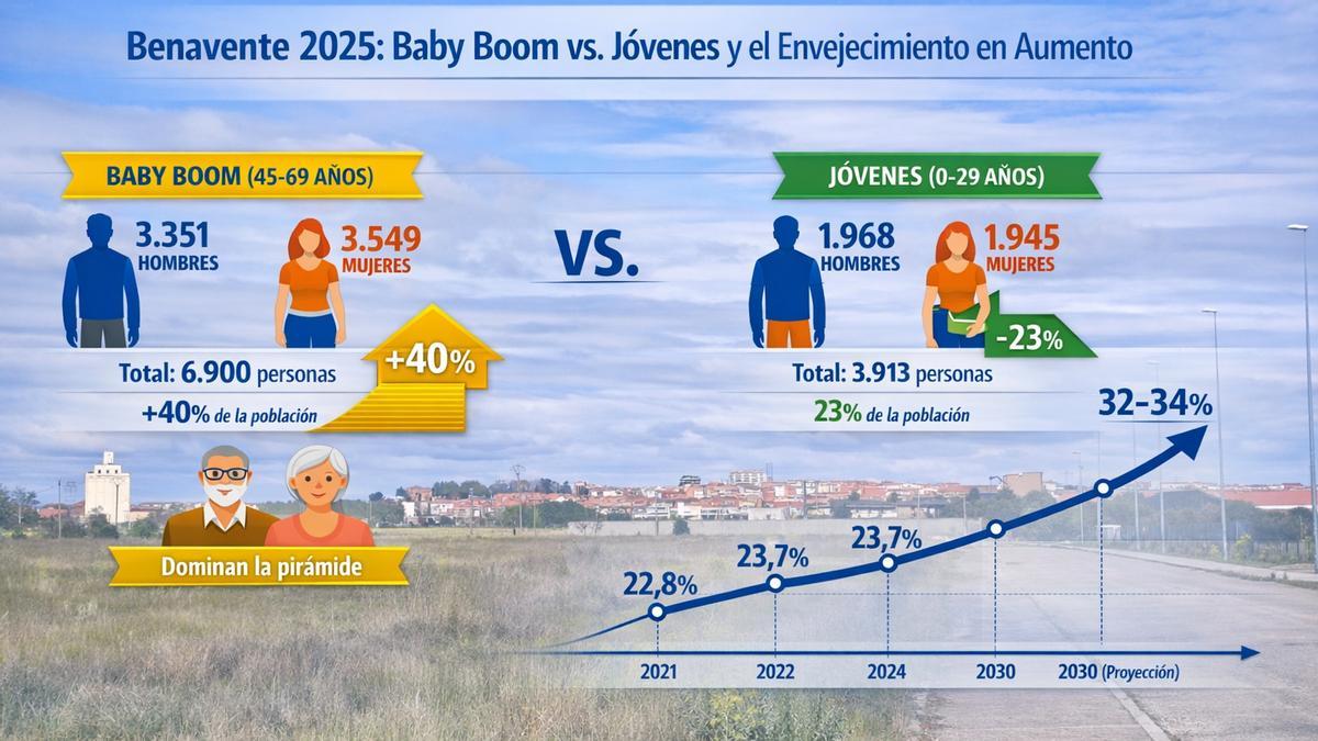 Peso de la población de 45 a 69 años frente a los tramos de 0 a 29 años y proyección del envejecimiento hasta 2030 y 2035.