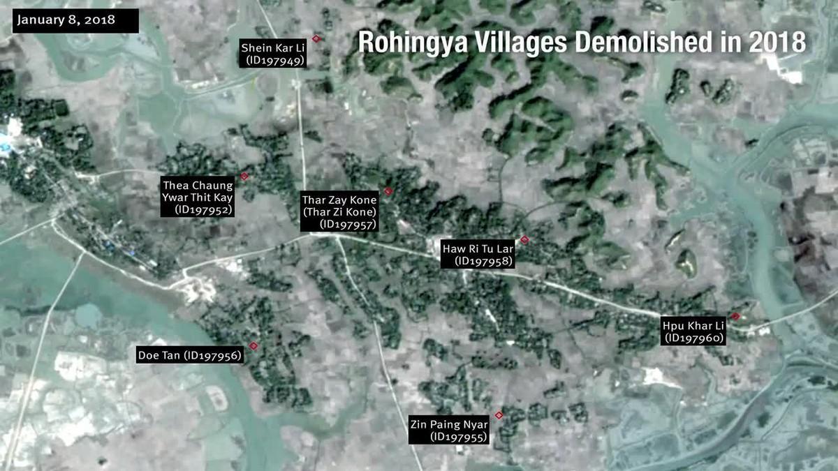 Animación compuesta por una serie de imágenes satelitales que revelan la destrucción de decenas de aldeas rohingyas. Muestra la situación de varios pueblos en el municipio de Maungdaw entre el 8 de enero y el 19 de febrero de 2018.