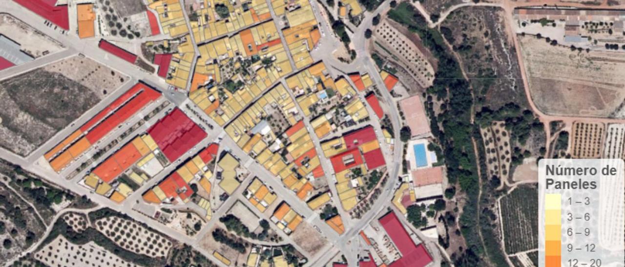 Mapa solar de las cubiertas de edificios públicos y privados del Ràfol de Salem. | LEVANTE-EMV