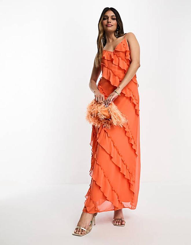 Vestido largo naranja de tirantes con detalle de volante de Vila