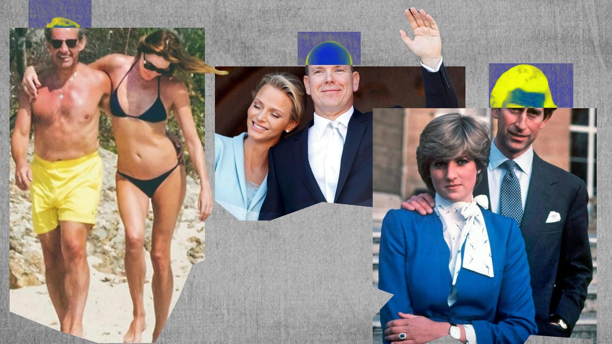 De izquierda a derecha, Nicolas Sarkozy y Carla Bruni; Charlene y Alberto de Mónaco; Lady Di y el entonces príncipe Carlos de Inglaterra.