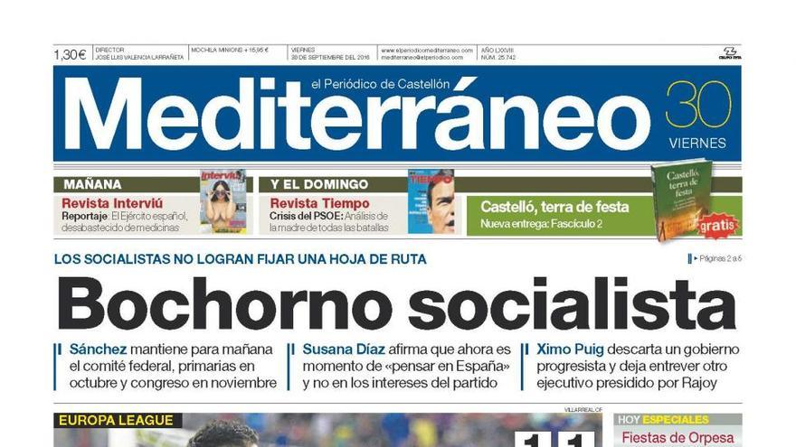 Bochorno socialista, en la portada de Mediterráneo