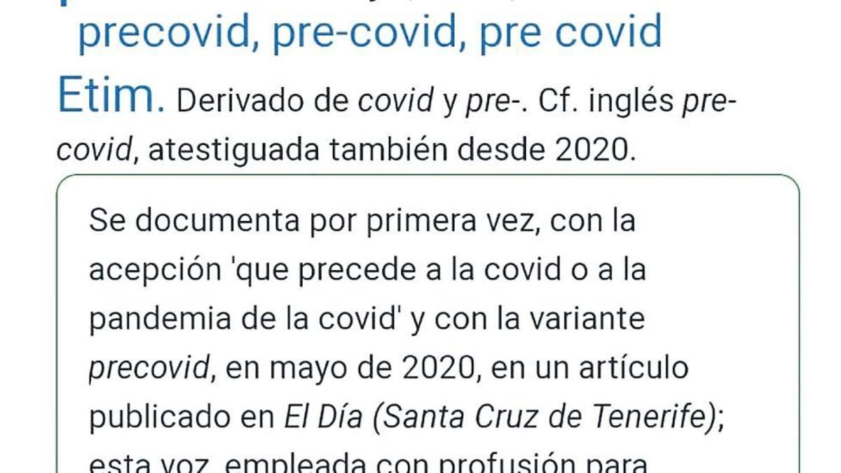 Artículo del Diccionario Histórico de la lengua española en el que se incluye la palabra ‘precovid’.