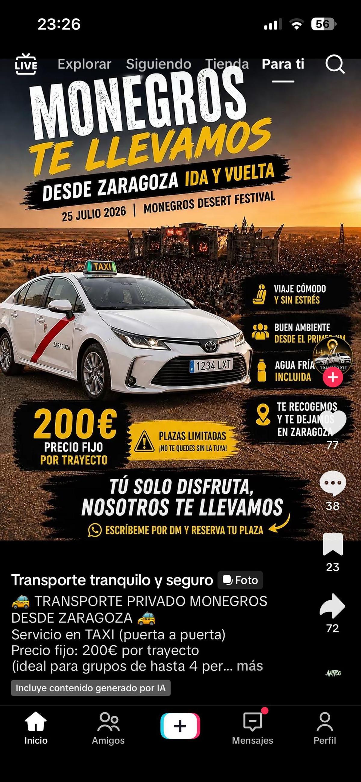 Uno de los anuncios de taxi desde Zaragoza para Monegros