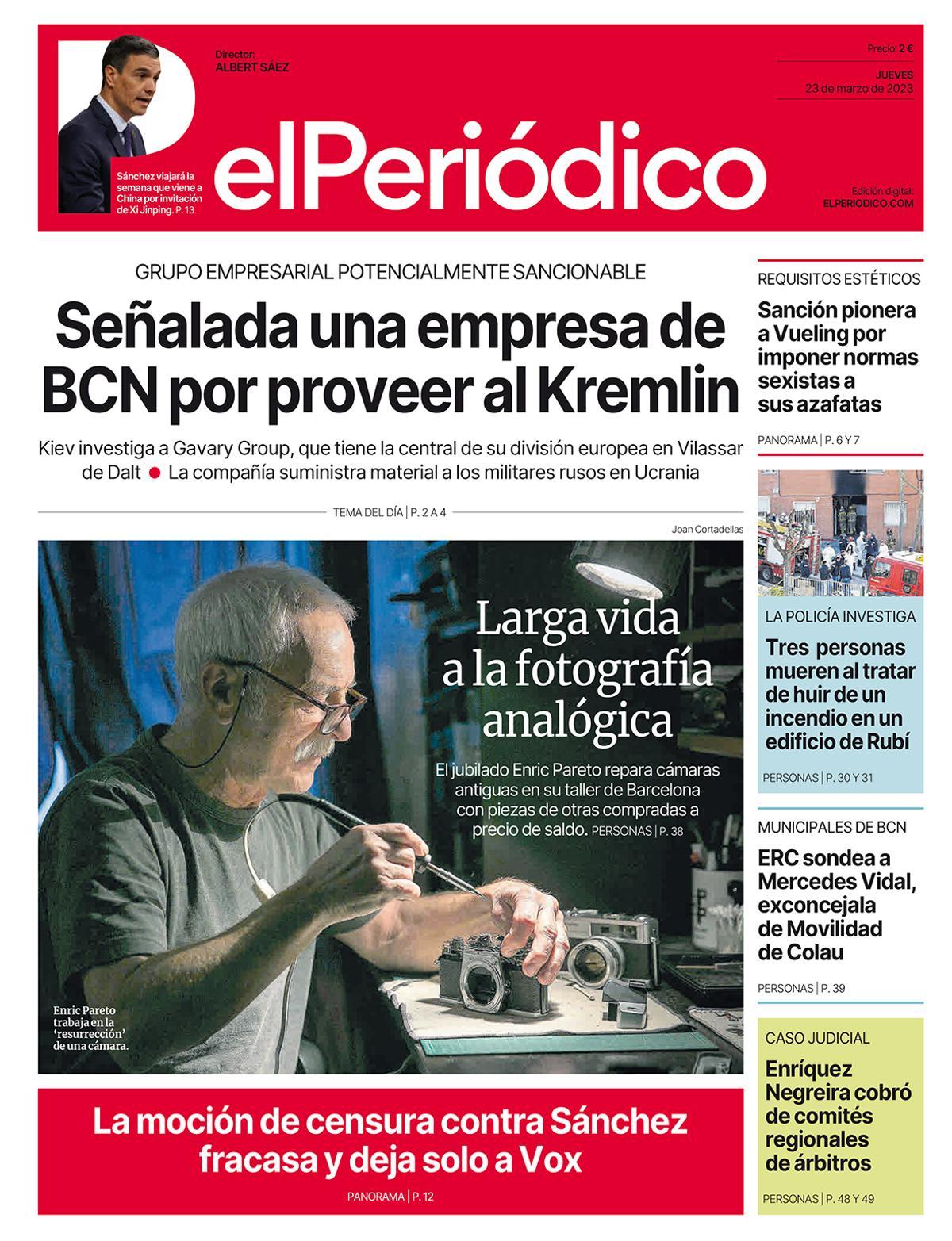 La portada d’EL PERIÓDICO del 23 de març del 2023