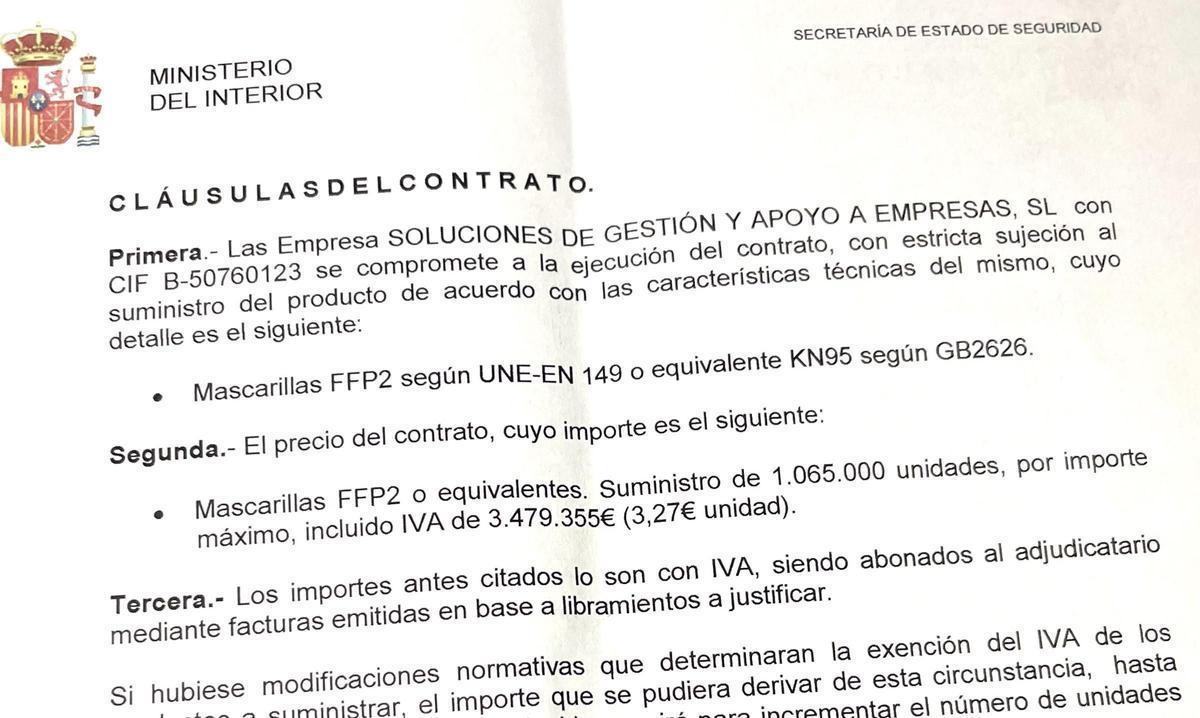 Contrato del ministerio del Interior con el empresario que recomendó Koldo García para comprarle mascarillas.