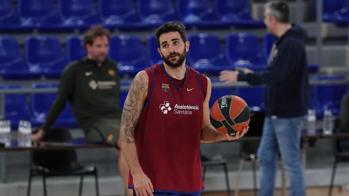Ricky Rubio, en su primer entrenamiento con el Barça de baloncesto en el Palau Blaugrana.