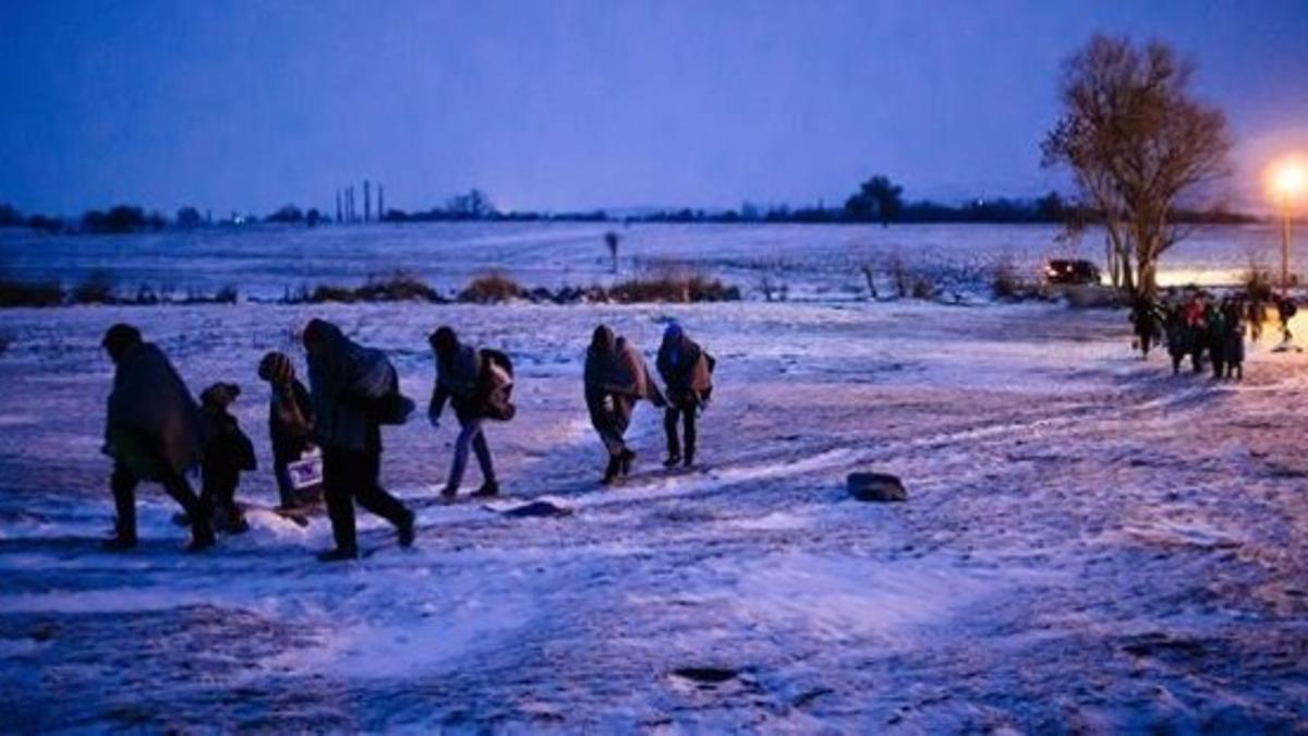 Migrantes y refugiados caminan por un campo cubierto de nieve tras cruzar la frontera de Macedonia con Serbia, cerca de la población de Miratovac, este domingo.