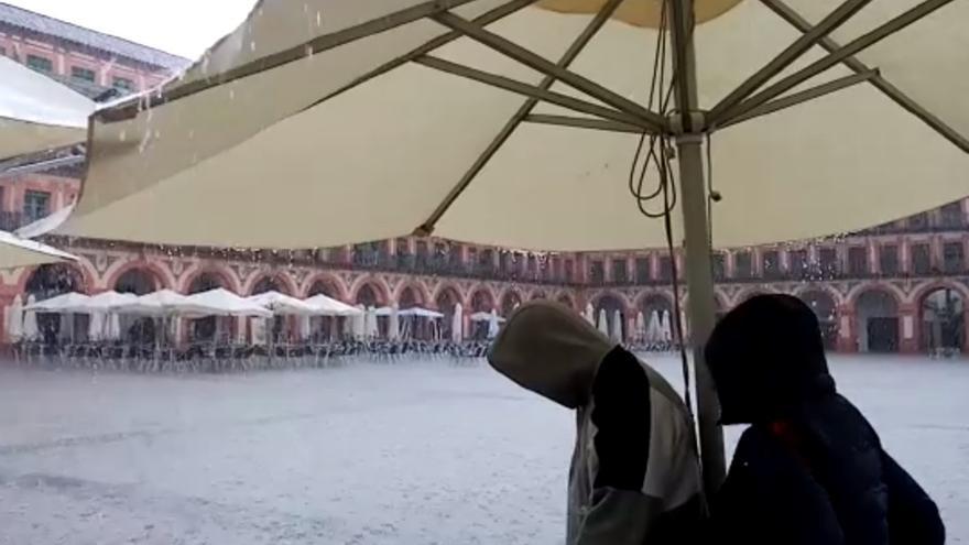 Lluvia y granizo en la Plaza de la Corredera.