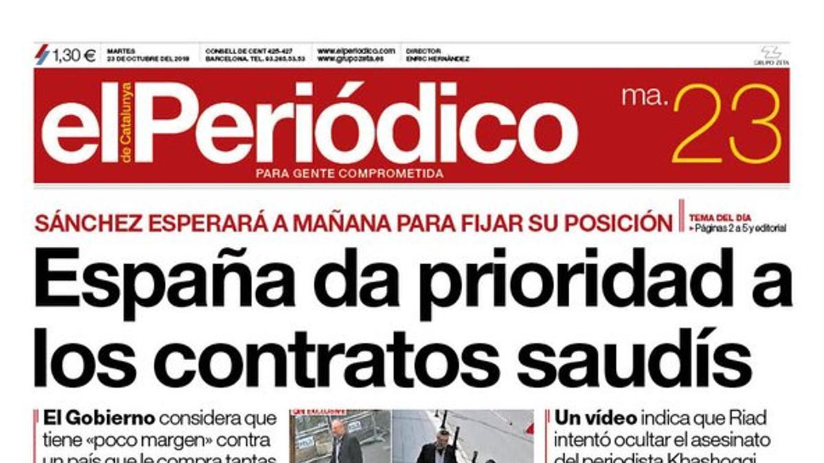 La portada de EL PERIÓDICO del 23 de octubre del 2018