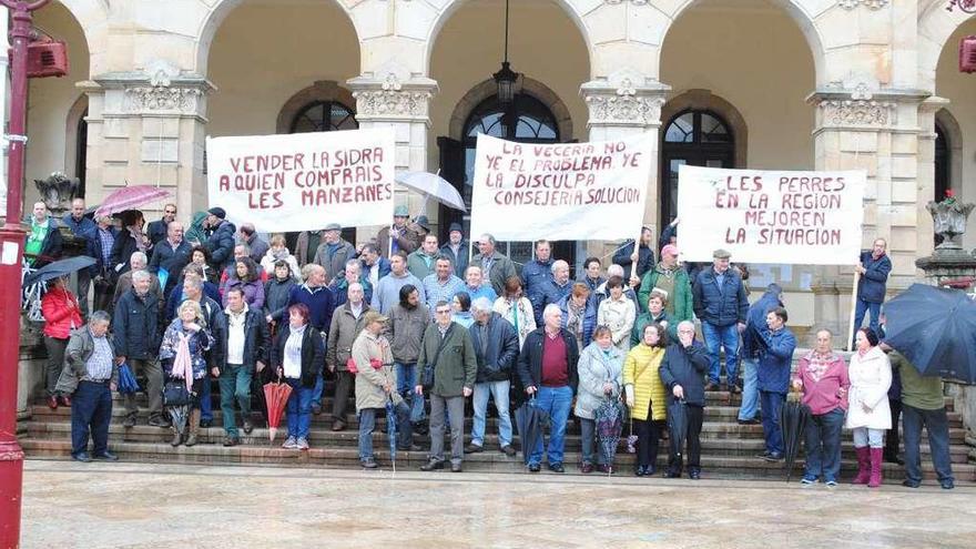 Participantes en la manifestación de cosecheros celebrada ayer en Villaviciosa.