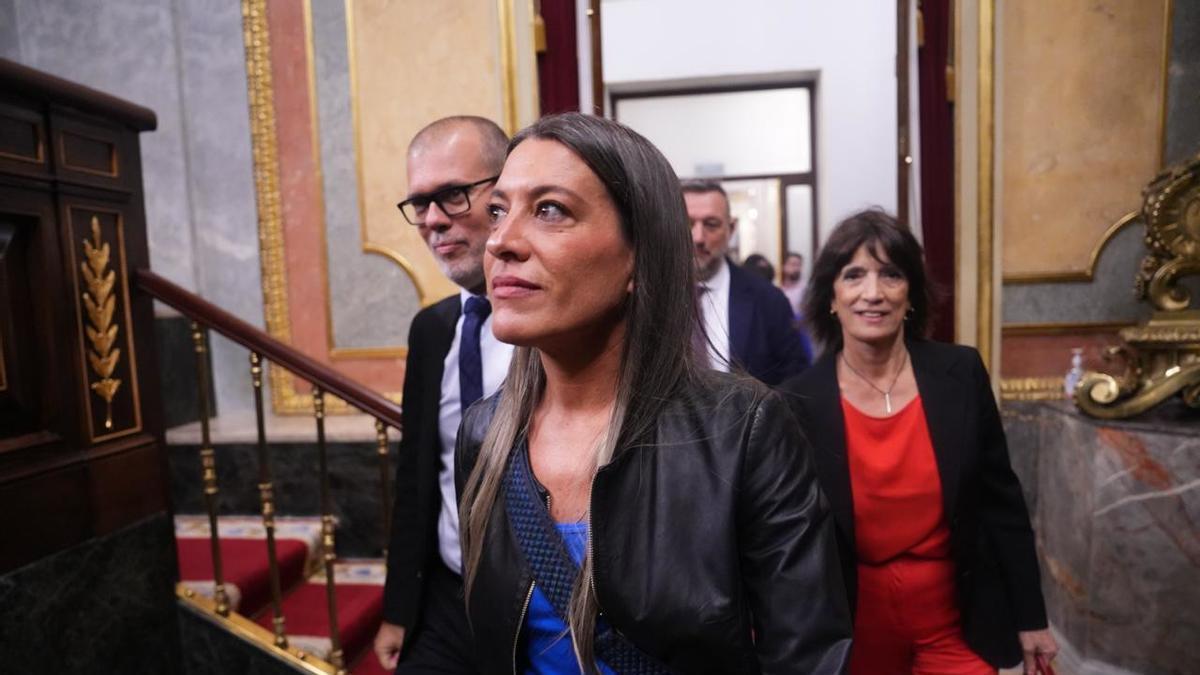 La líder de Junts al Congrés, Míriam Nogueras, a l'arribada al Congrés per la compareixença de Sánchez