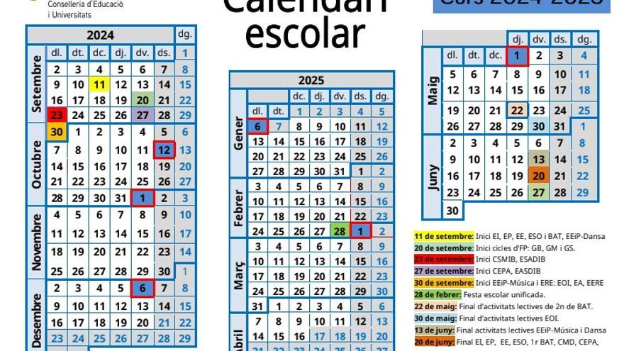 Escolarización en Baleares: el curso 2024-2025 empezará el miércoles 11 de septiembre y acabará el viernes 20 de junio