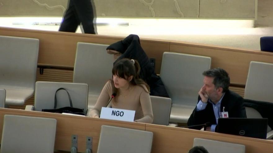 Maria de Lluc Muñoz, durante su intervención en la ONU