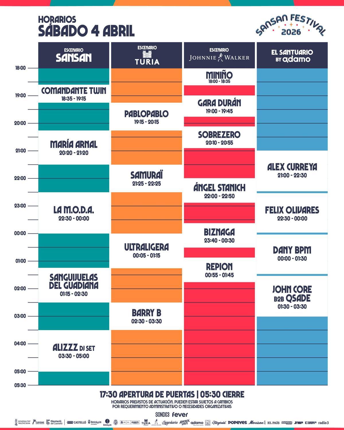 Horarios del sábado 4 de abril