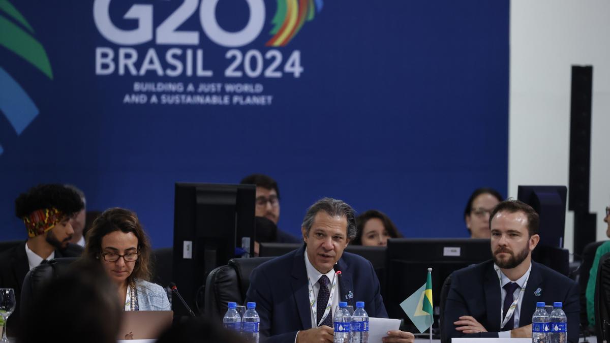 El ministro de Economía de Brasil, Fernando Haddad, este jueves durante su intervención en la reunión del G20 en Sao Paulo.