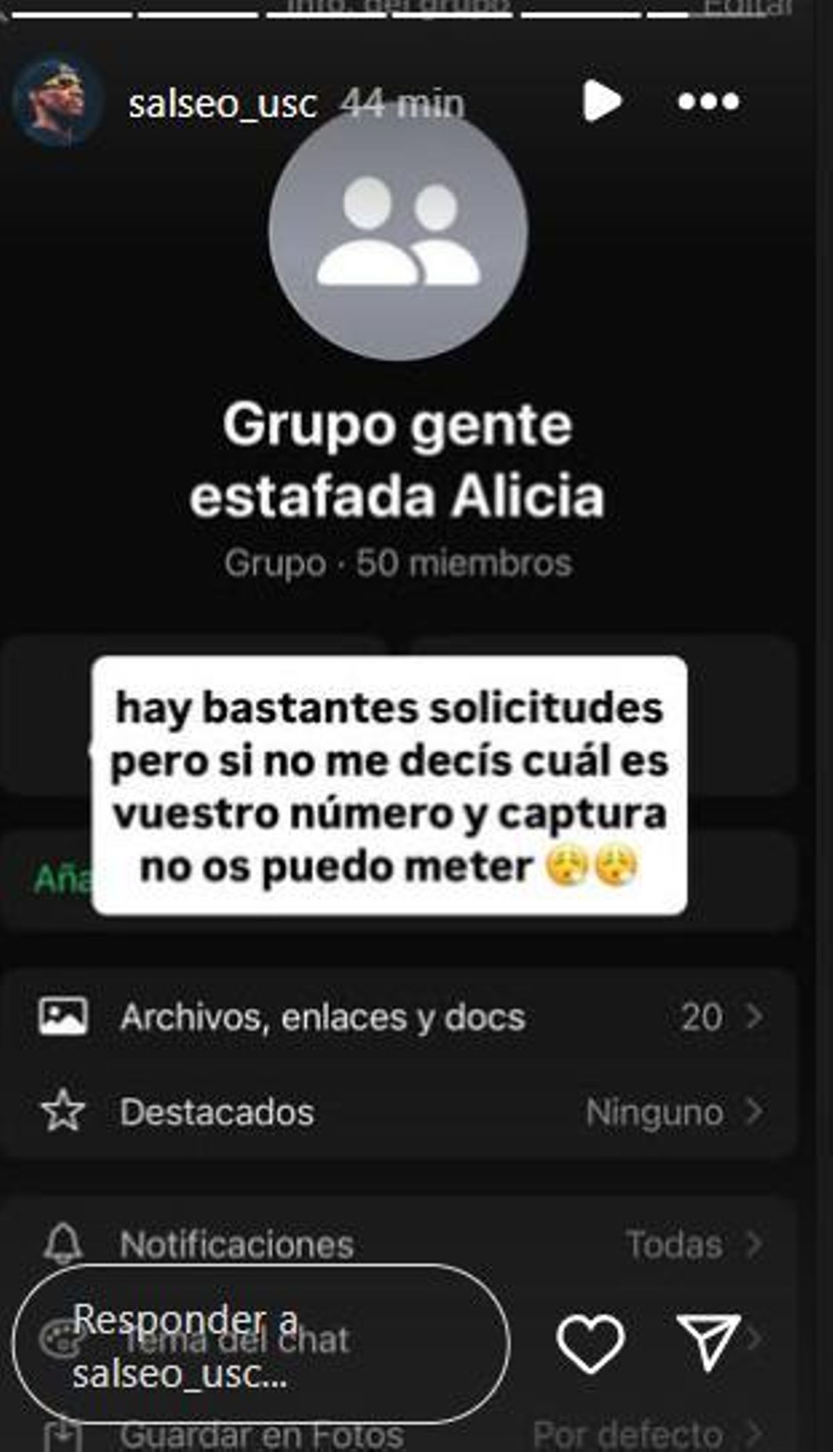 Captura de la historia de Salseo USC sobre el grupo de estafados