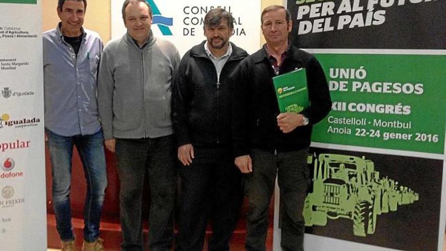 Presentació del congrés d&#039;Unió de Pagesos, amb Joan Vidal, Santi Broch, Joan Caball i Carles Mencos