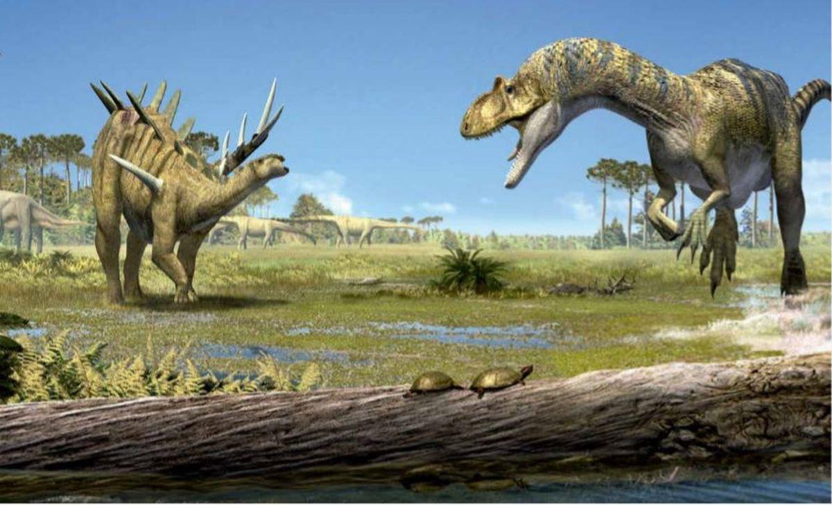 Recreació d'una planura deltàica del Juràsic ibèric, amb els dinosaures Losillasaurus, Dacentrurus i Allosaurus.