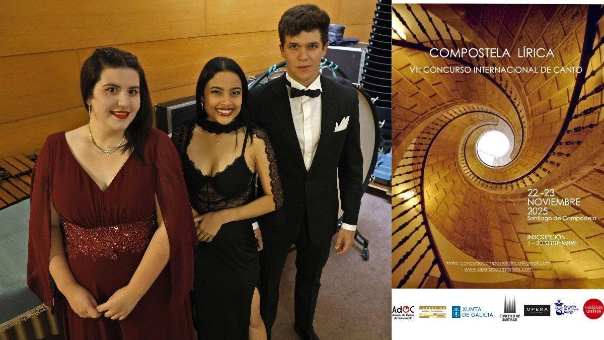 Irene Zas, Enrique Torres y Dailis Roche, concursantes del certamen de canto Compostela Lírica 2025.
