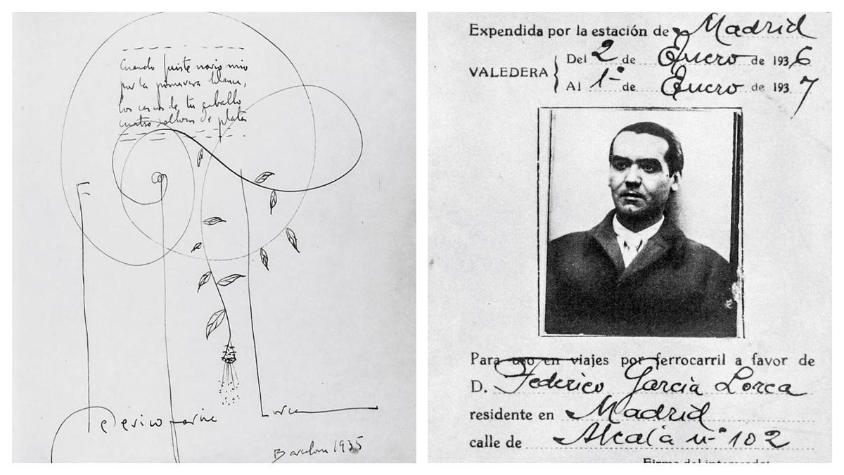 Dedicatoria de Lorca en un álbum de firmas durante su última visita a Barcelona y tarjeta de identificación para viajar en tren en 1936