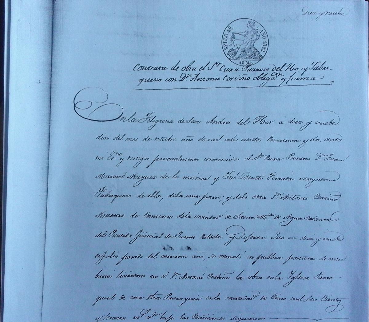 Extracto do contrato da bóveda da igrexa do Hío en 1852