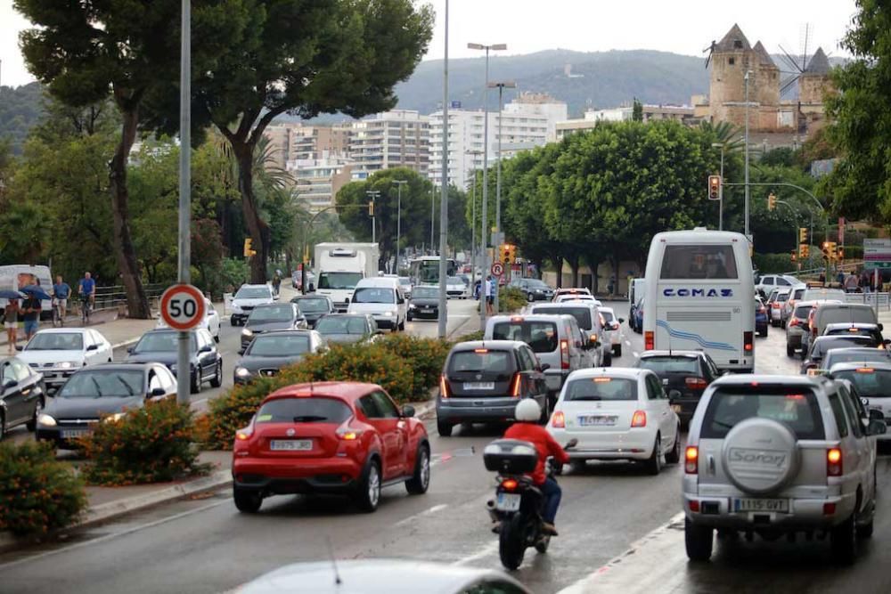 Heftige Regenfälle haben am Freitag (23.9.) auf Mallorca den Straßenverkehr teilweise stark beeinträchtigt. In mehreren Straßen in Palma stand das Wasser so hoch, dass Autos nicht mehr fahren konnten.