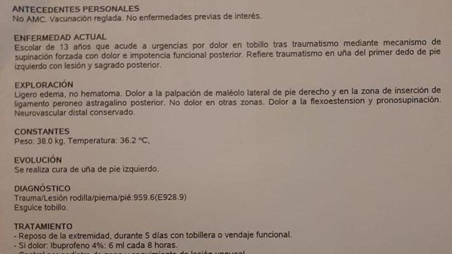 Fragmento del parte médico difundido en Internet.