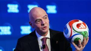 Gianni Infantino, president of the Federation International Football Association (FIFA), at the Semafor World Economy Summit during the International Monetary Fund (IMF) and World Bank Spring meetings in Washington, DC, US, on Wednesday, April 15, 2026. The International Monetary Fund downgraded its growth projection for the year after the war in the Middle East triggered a major oil shock and included the possibility of a downturn if the conflict drags on and energy infrastructure is severally damaged. Photographer: Aaron Schwartz/Bloomberg